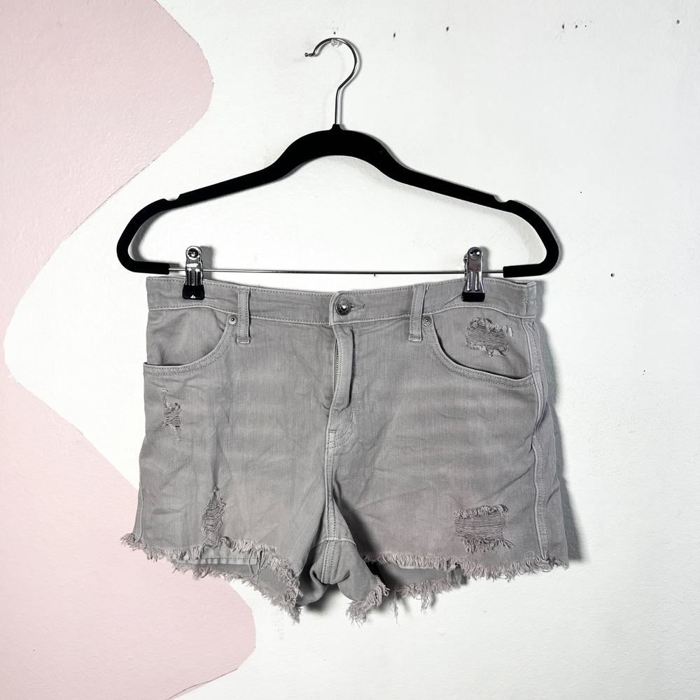 Aerie Gray Distressed Denim Shorts Size Medium Elastic Back Raw Hem Cut Offs